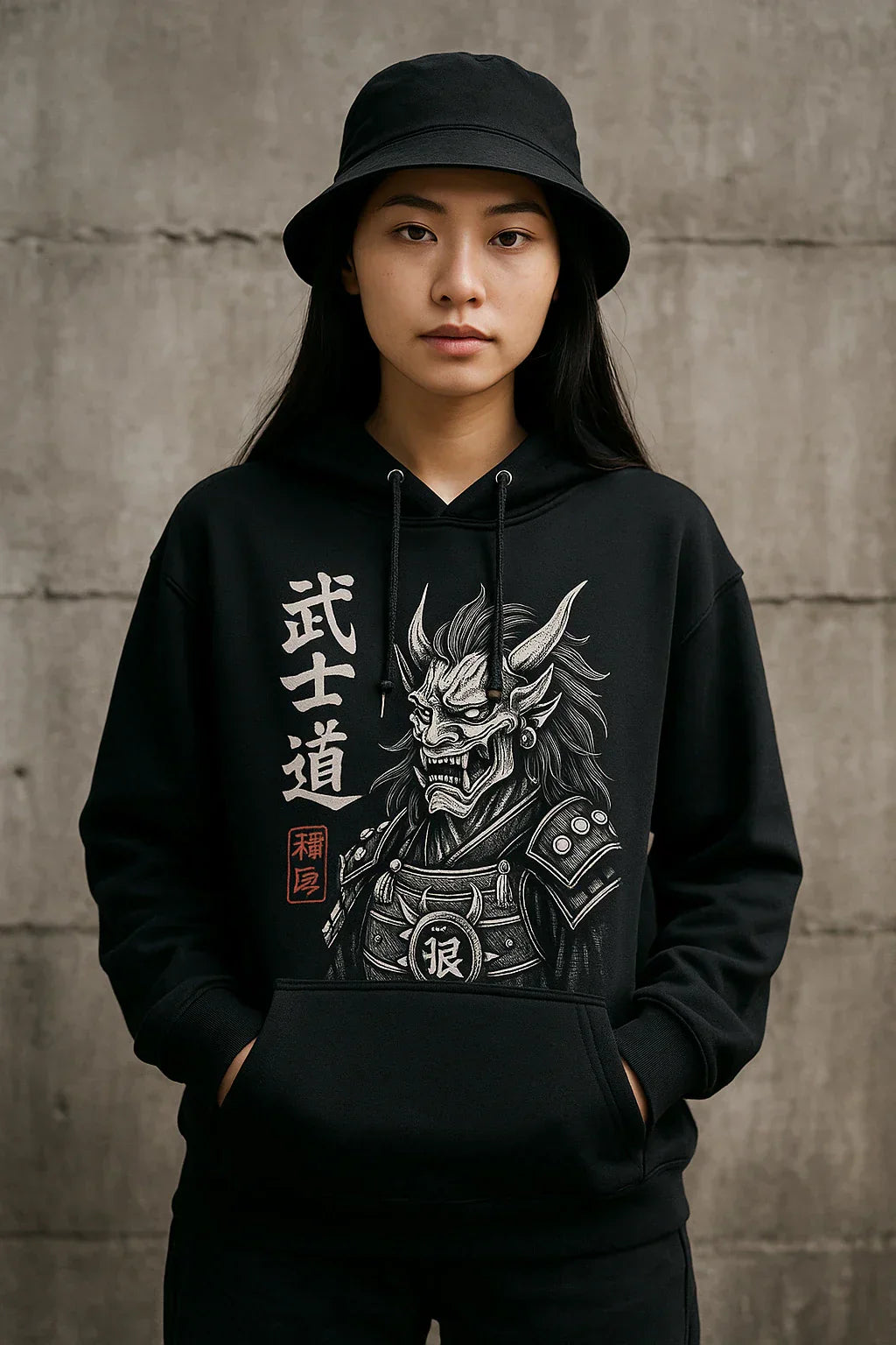 Une jeune femme en sweat streetwear japonais dans une ruelle branchée
