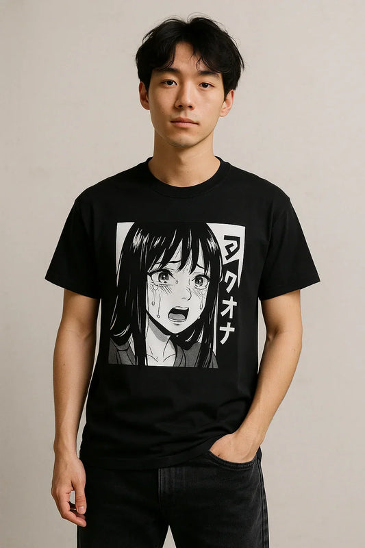 Un fan otaku portant fièrement un t-shirt manga dans un quartier urbain