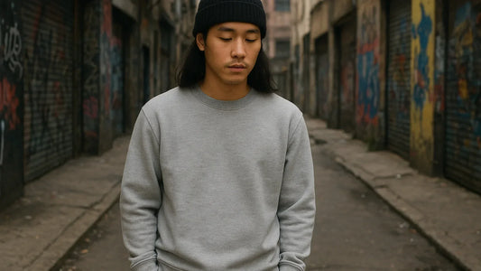 Jeune homme portant un sweat japonais dans une rue urbaine, illustrant un style streetwear inspiré de la culture nippone.