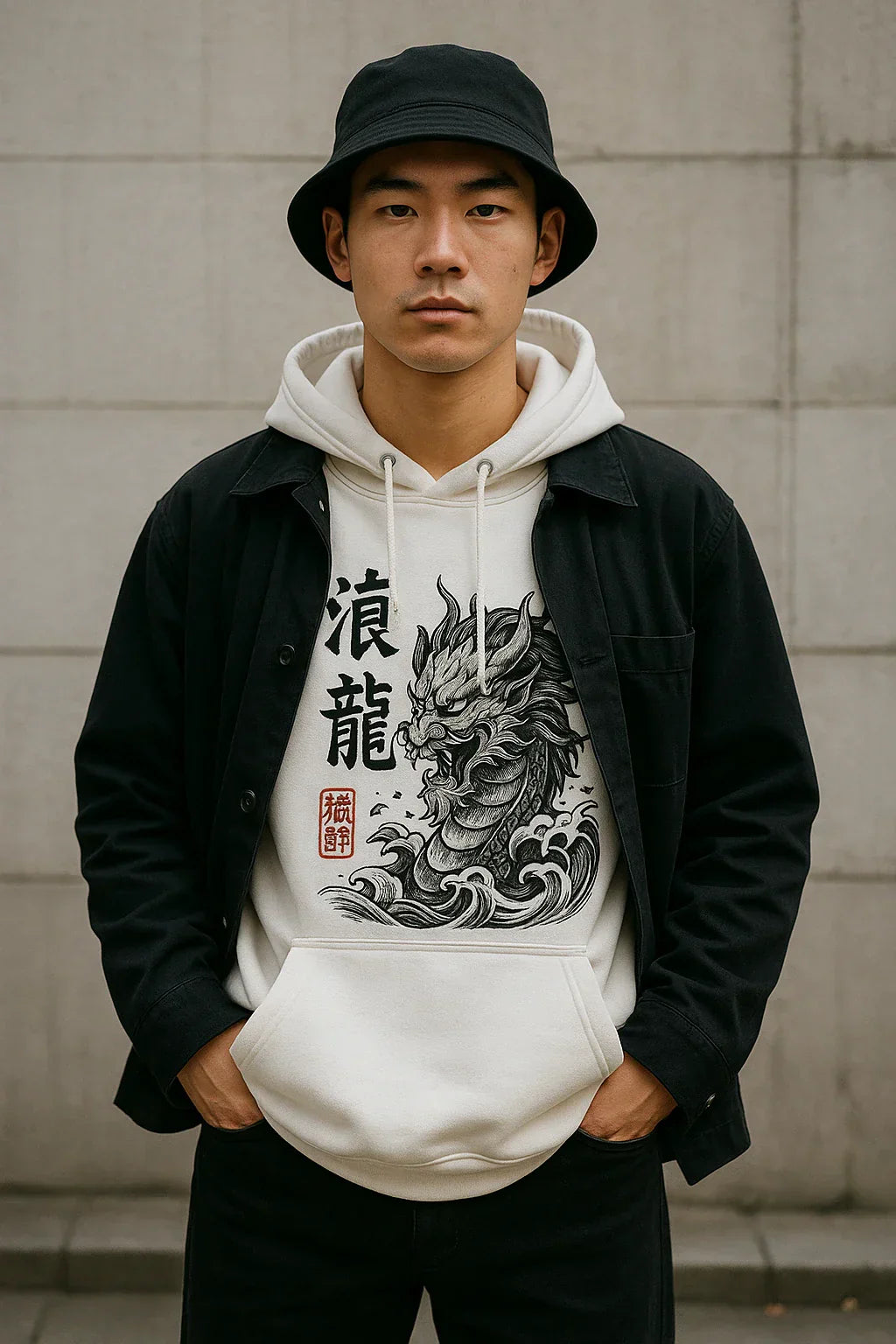 Un homme posant en sweat streetwear dans une ruelle de Osaka