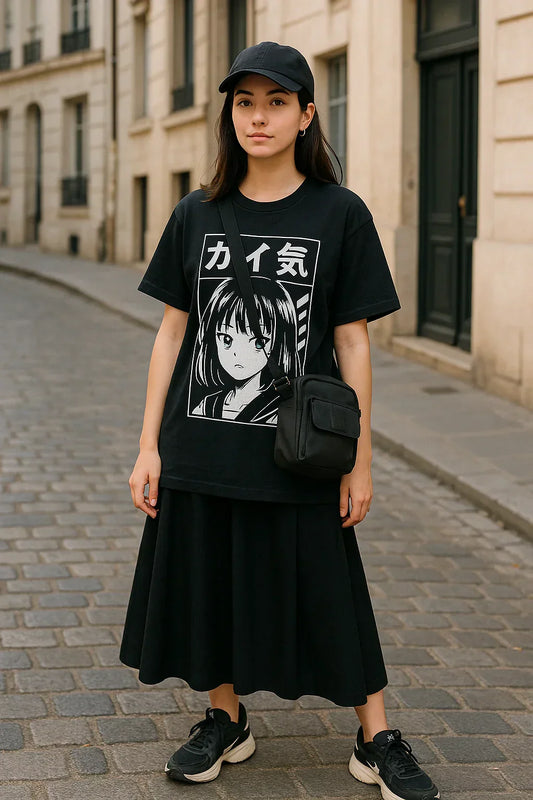 Une femme dans une rue pavée avec un t-shirts manga, une jupe et des baskets