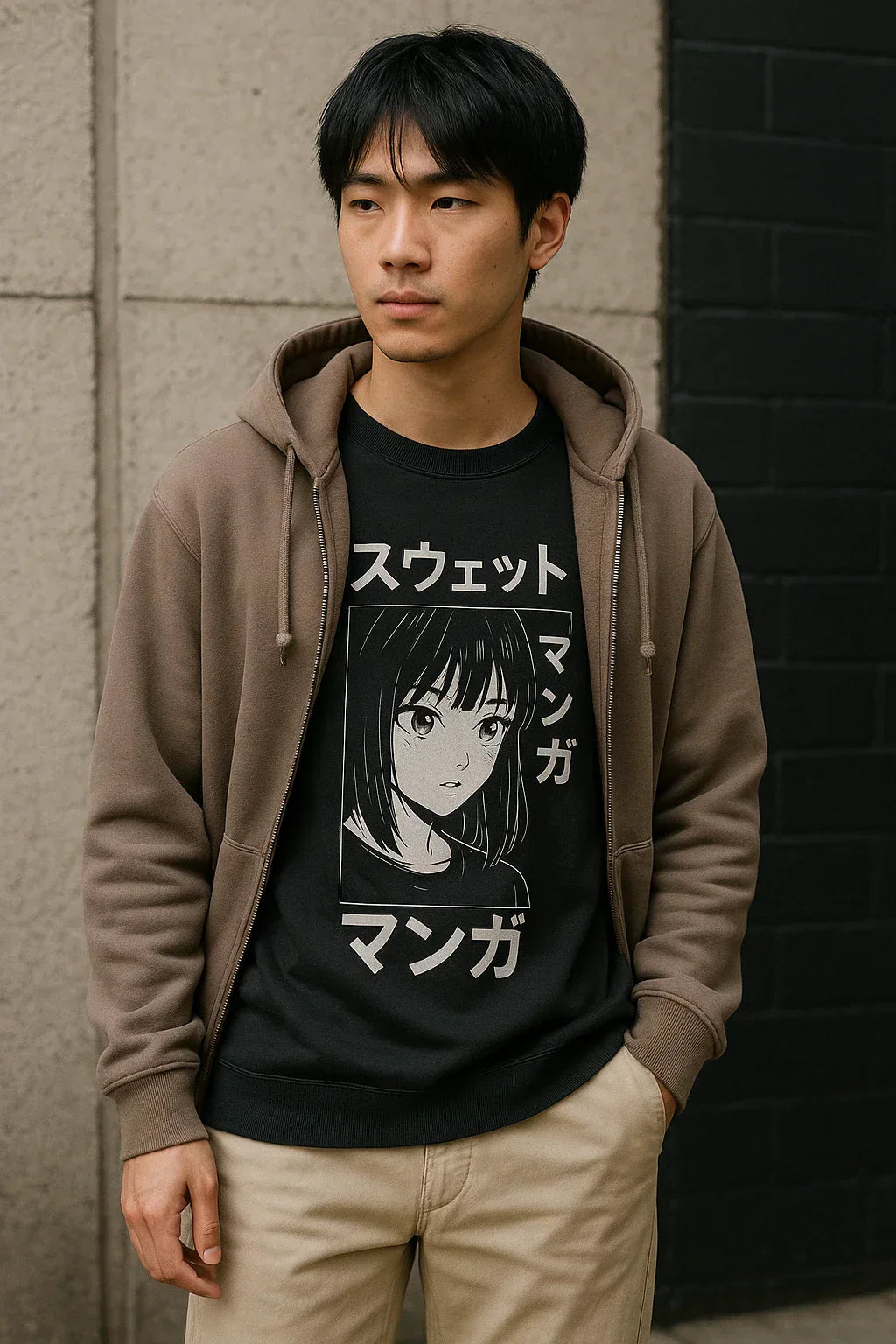 Un jeune homme affichant un style distinct de sweat japonais et t shirt manga