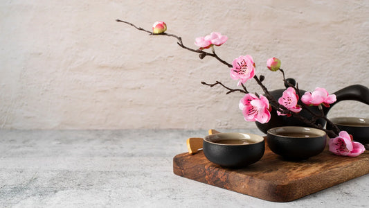Cérémonie du thé japonaise avec théière noire, tasses en céramique et fleurs de cerisier, symbole des arts traditionnels du Japon.