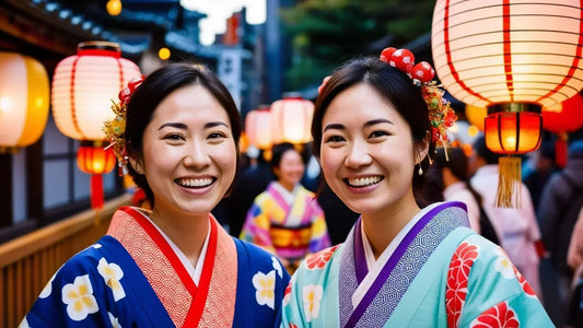 Deux jeunes femmes japonaises souriantes en yukata colorés, lors d’un festival traditionnel au Japon, entourées de lanternes illuminées.