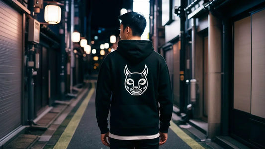 Jeune homme portant un hoodie streetwear japonais orné d’un motif oni, dans une ruelle de Tokyo éclairée par des lanternes.