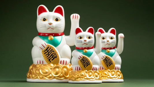 Trois statues de maneki-neko, chats porte-bonheur japonais associés à la chance et à la prospérité.