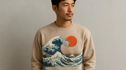 Homme asiatique portant un sweat japonais beige orné d’une grande vague inspirée de Hokusai et d’un soleil rouge, symbole du Japon, devant un fond neutre.