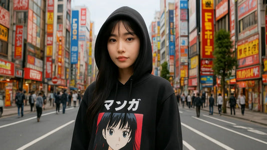 Jeune femme japonaise portant un sweat manga noir, posant dans une rue emblématique de Tokyo.