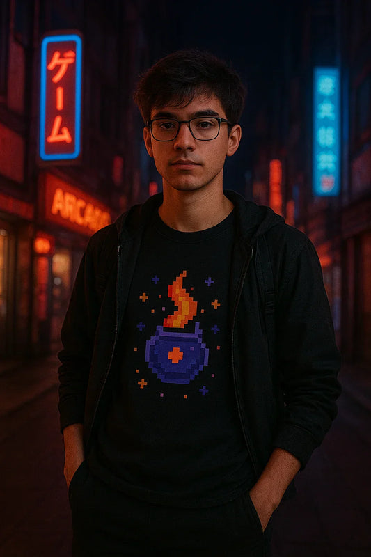 Jeune gamer portant un t-shirt streetwear OtakuOne avec design pixel art d’un sort magique, style rétro gaming, dans un décor urbain japonais.