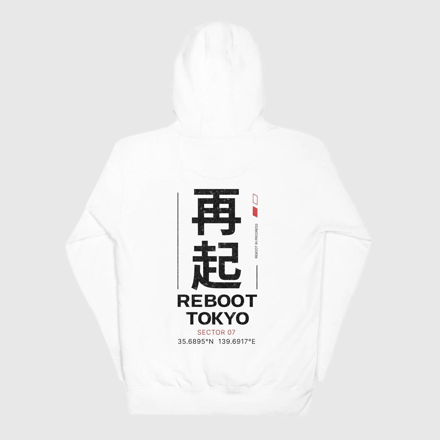 Sweat streetwear noir Reboot Tokyo, inspiration japon cyber et techwear, design sector 07, blanc, vue de dos.