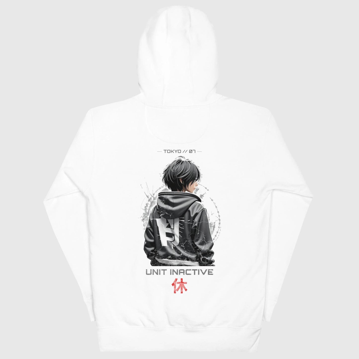Sweat japonais UNIT-INACTIVE style techwear, design minimaliste noir avec ambiance futuriste Tokyo, blanc, vue de dos.