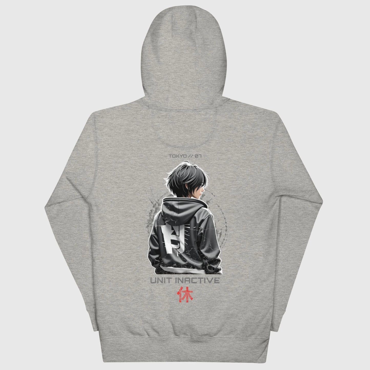 Sweat japonais UNIT-INACTIVE style techwear, design minimaliste noir avec ambiance futuriste Tokyo, gris, vue de dos.