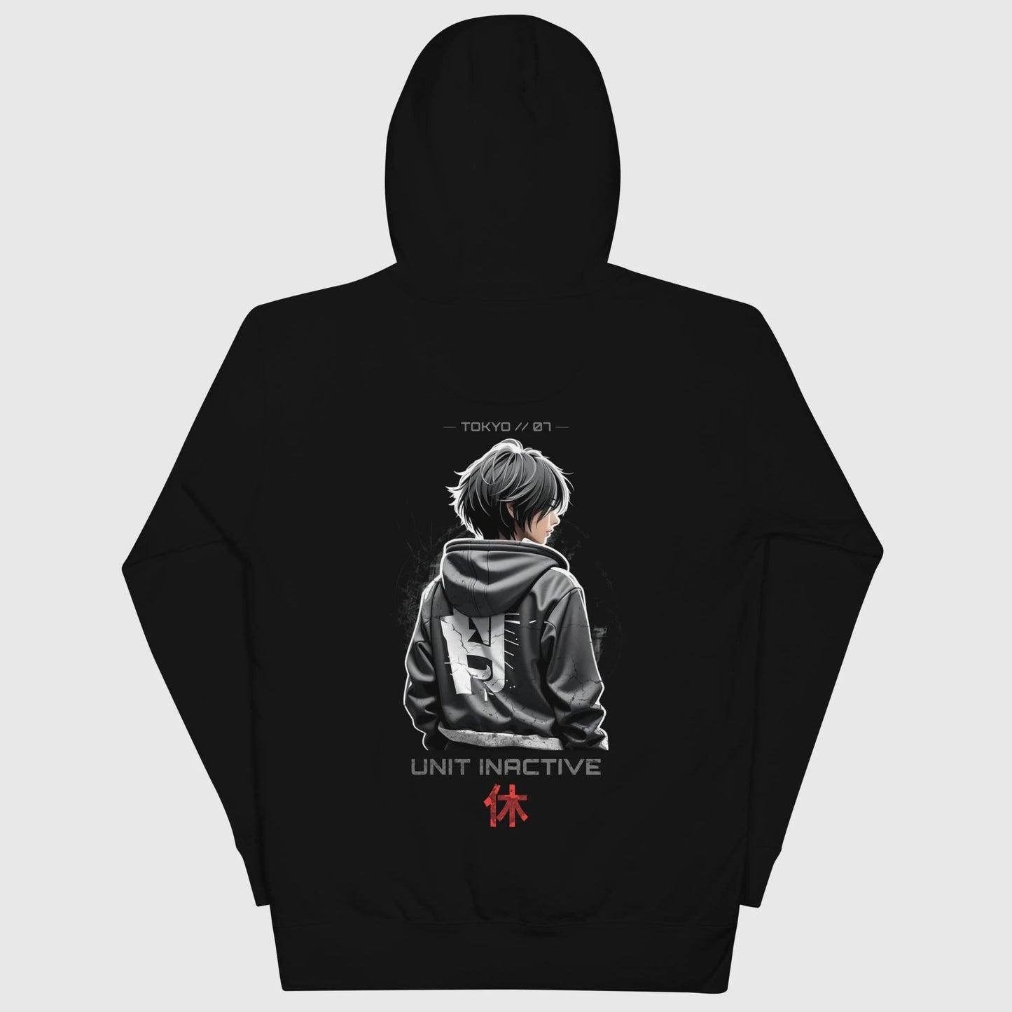 Sweat japonais UNIT-INACTIVE style techwear, design minimaliste noir avec ambiance futuriste Tokyo, noir, vue de dos.