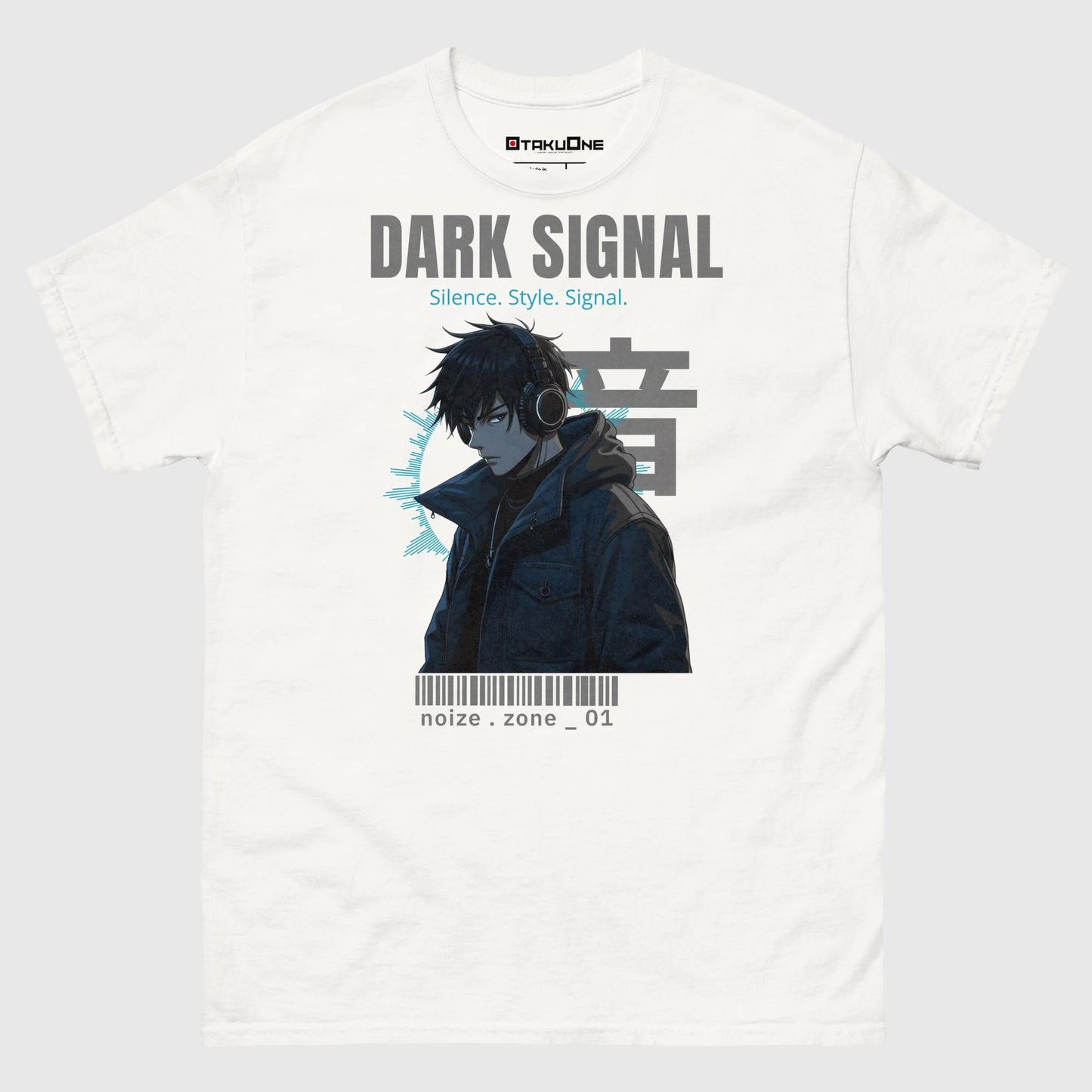 T-shirt manga DARK SIGNAL, look streetwear otaku avec design cyberpunk japonais, blanc.