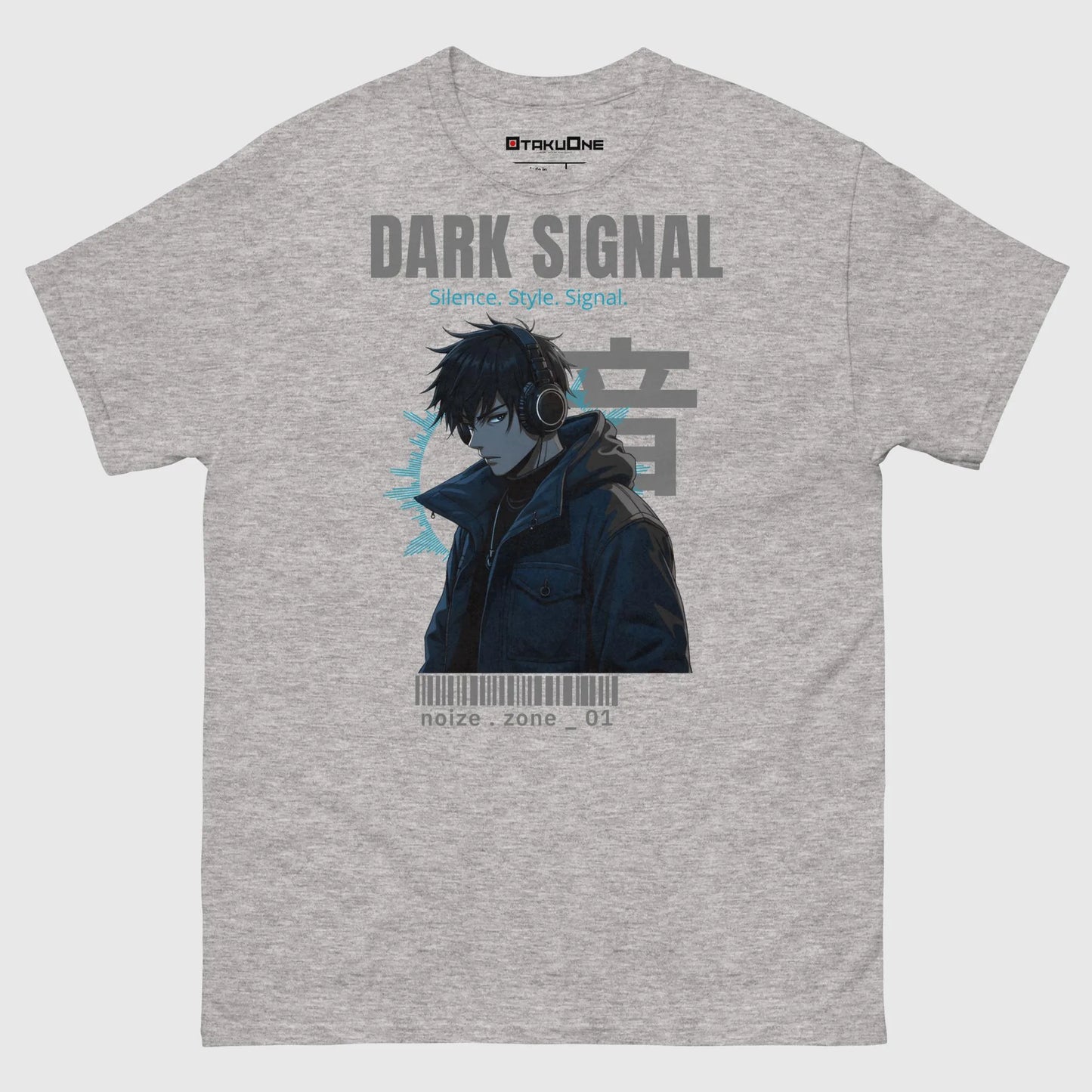 T-shirt manga DARK SIGNAL, look streetwear otaku avec design cyberpunk japonais, gris.