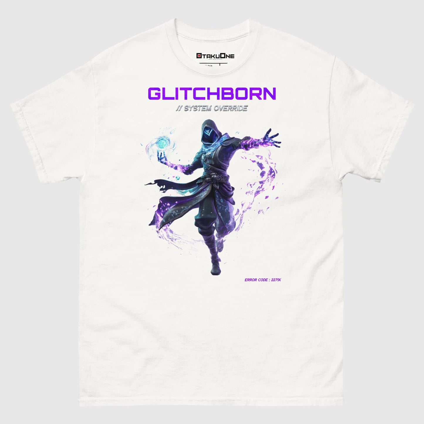 T-shirt gamer Glitchborn, design glitch futuriste avec influences cyber japonaises, blanc.