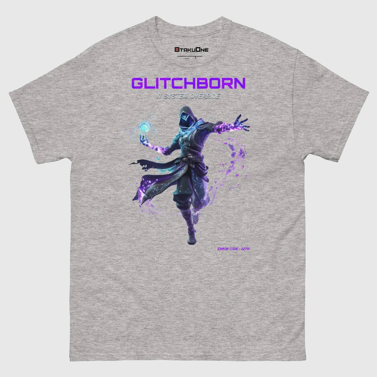 T-shirt gamer Glitchborn, design glitch futuriste avec influences cyber japonaises, gris.