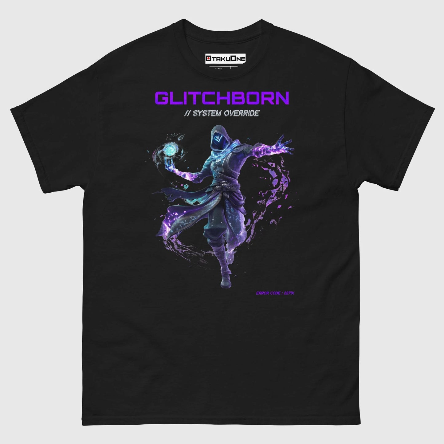 T-shirt gamer Glitchborn, design glitch futuriste avec influences cyber japonaises, noir.