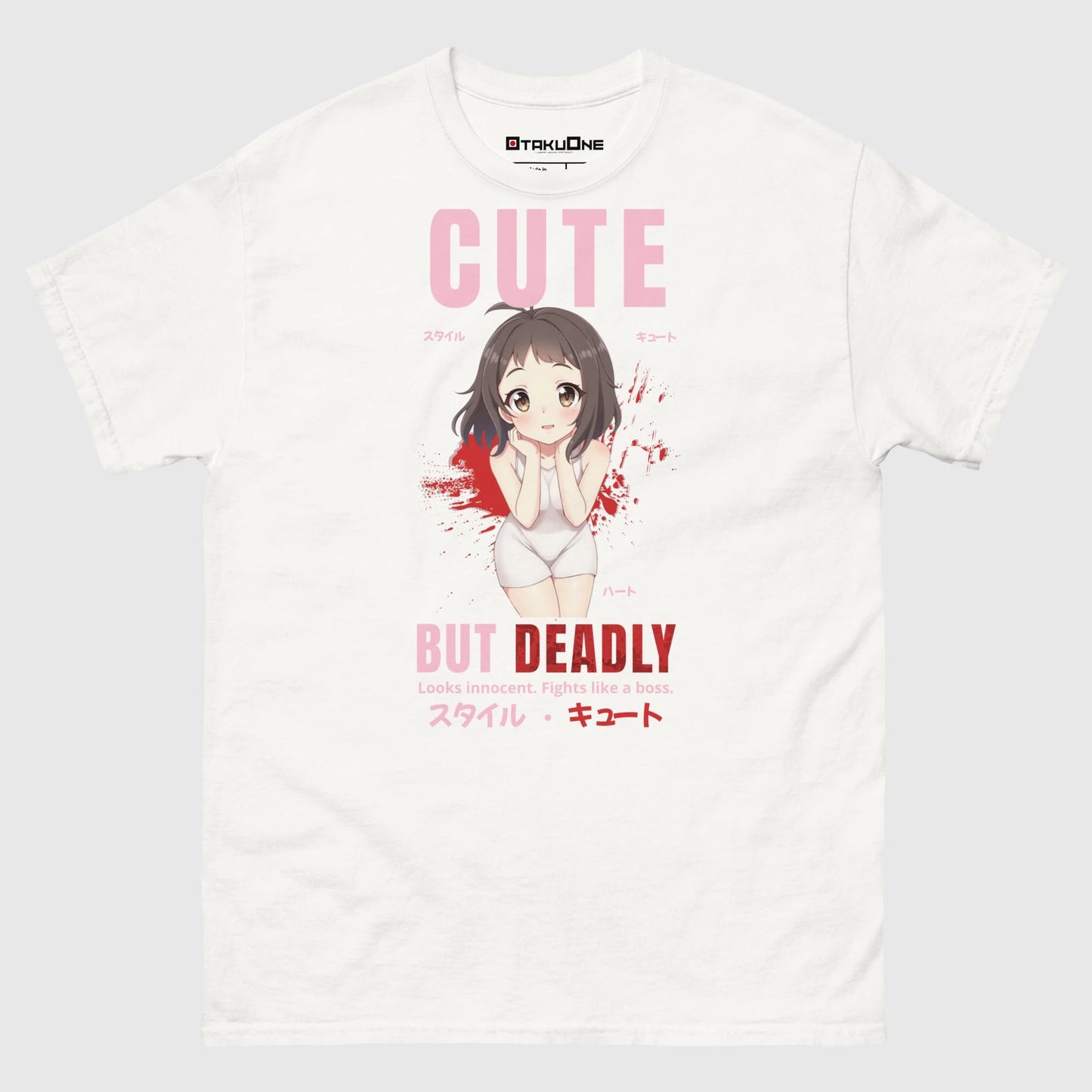 T-shirt manga kawaii “Cute but deadly”, style yandere sucré et dangereux à la japonaise, blanc.