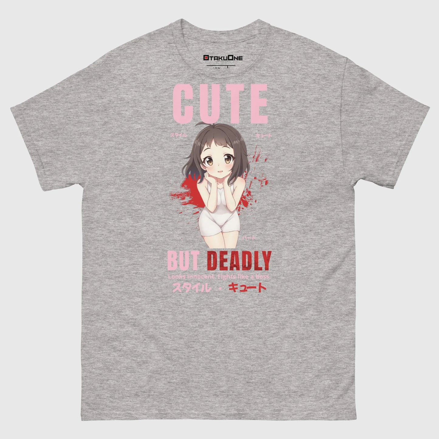 T-shirt manga kawaii “Cute but deadly”, style yandere sucré et dangereux à la japonaise, gris.