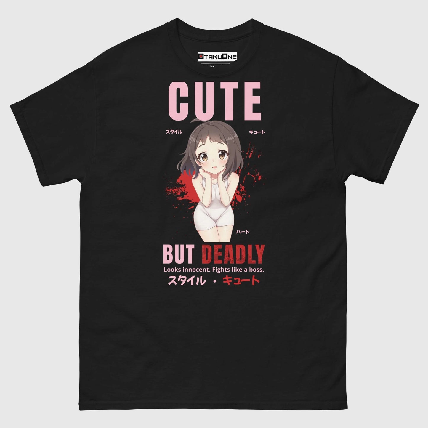 T-shirt manga kawaii “Cute but deadly”, style yandere sucré et dangereux à la japonaise, noir.