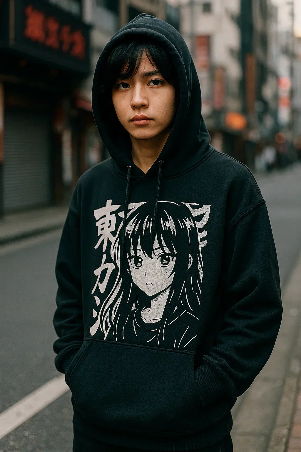 Un jeune homme portant un sweat manga dans un style urbain japonais