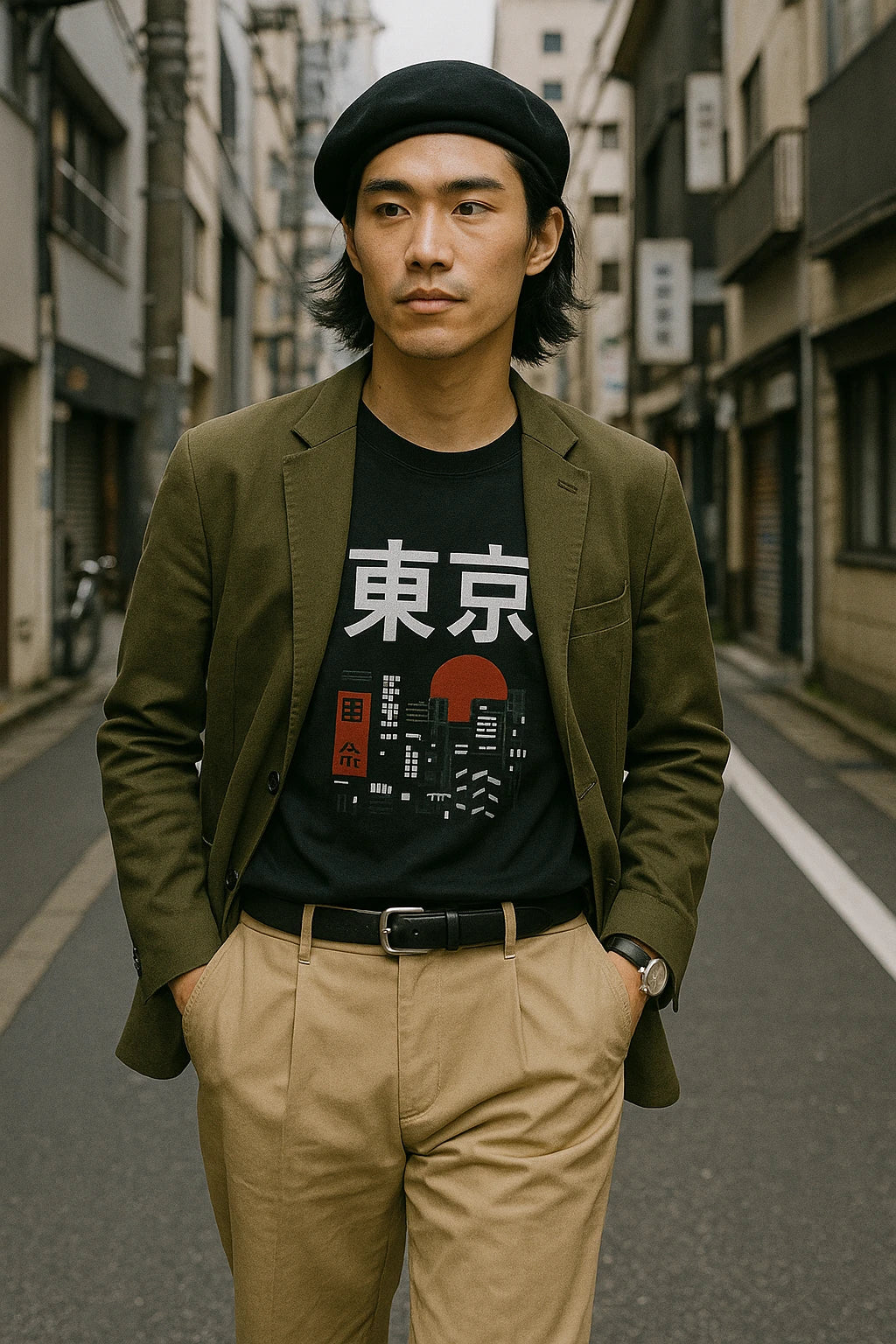 Un homme en tenues japonaise moderne avec t-shirts graphiques