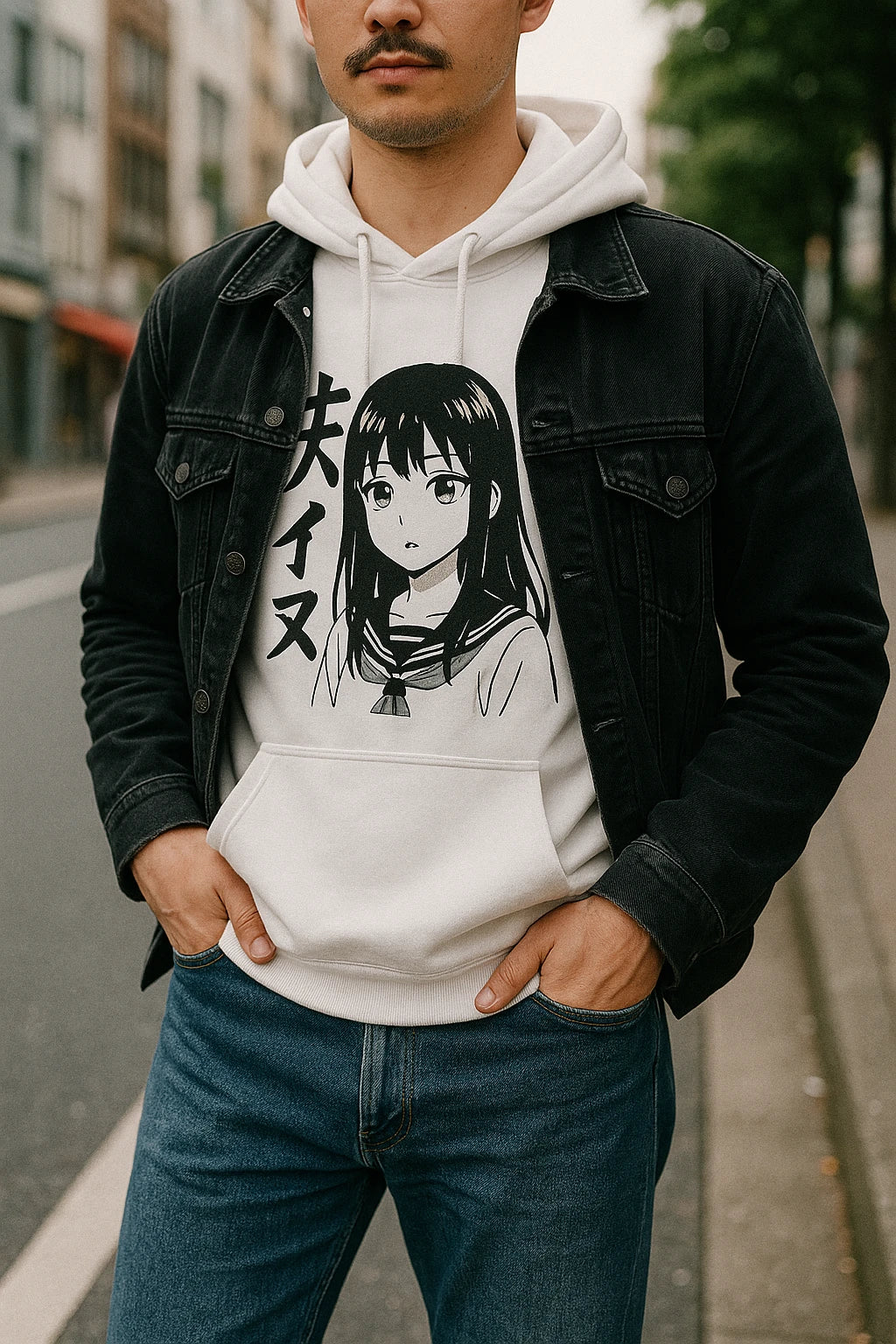 Un homme posent en sweat manga dans un style streetwear