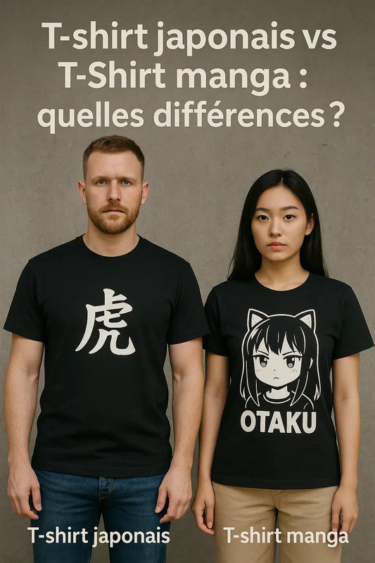Un homme et une femme portant chacun un t-shirt japonais et manga côte à côte