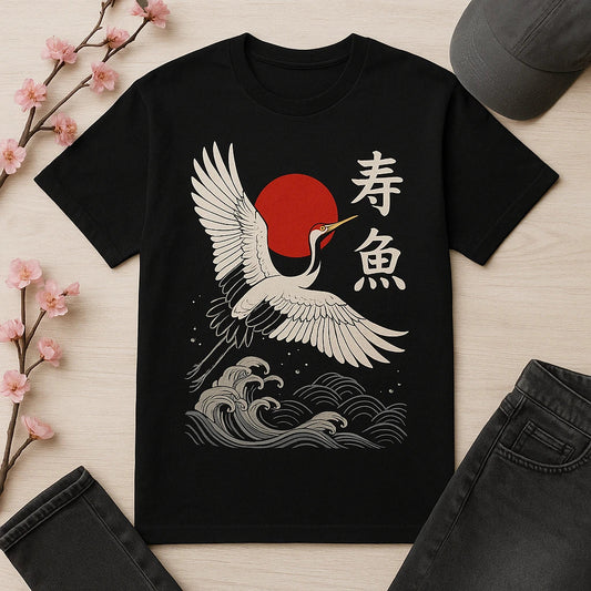 Un t-shirt japonais avec une cigogne, un soleil rouge et des vagues stylisées