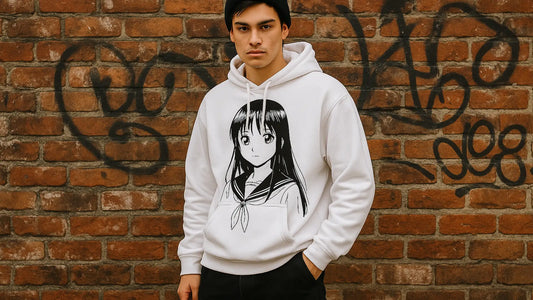 Homme portant un sweat à capuche blanc avec un dessin de personnage d’anime, posé devant un mur de briques avec des graffitis.