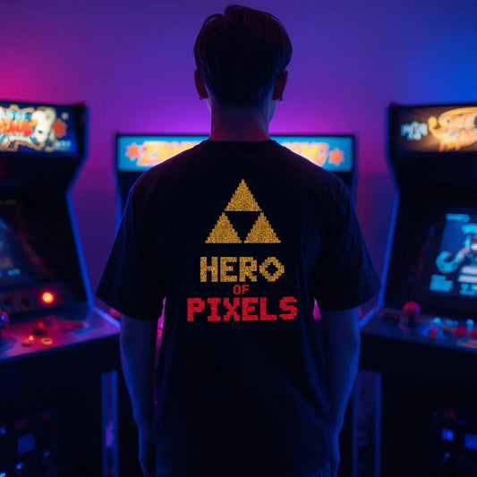 Un homme de dos portant un t-shirt noir avec l’inscription “Hero of Pixels” en pixel art, devant des bornes d’arcade rétro lumineuses dans une salle obscure.