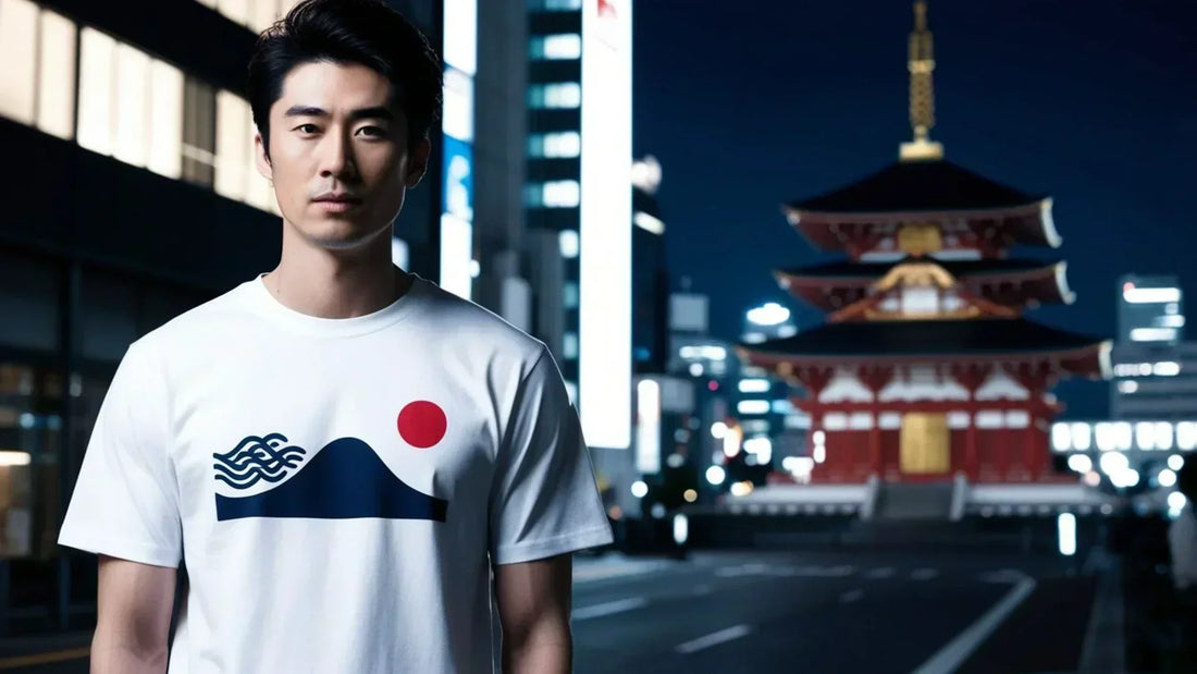 Jeune homme portant un t-shirt streetwear japonais avec motif minimaliste inspiré du mont Fuji et du soleil levant, devant un temple traditionnel à Tokyo.