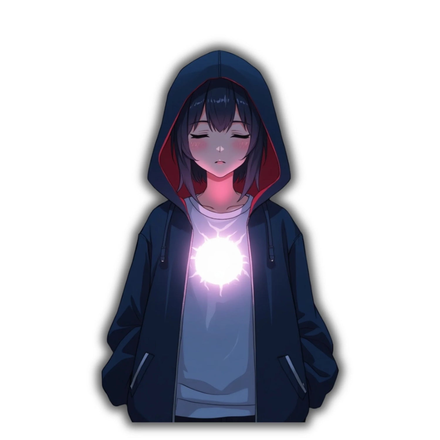 Illustration manga 2D d’une fille avec un halo rosâtre sur la poitrine symbolisant la force intérieure, visuel de la collection otaku Arc Force Intérieure.