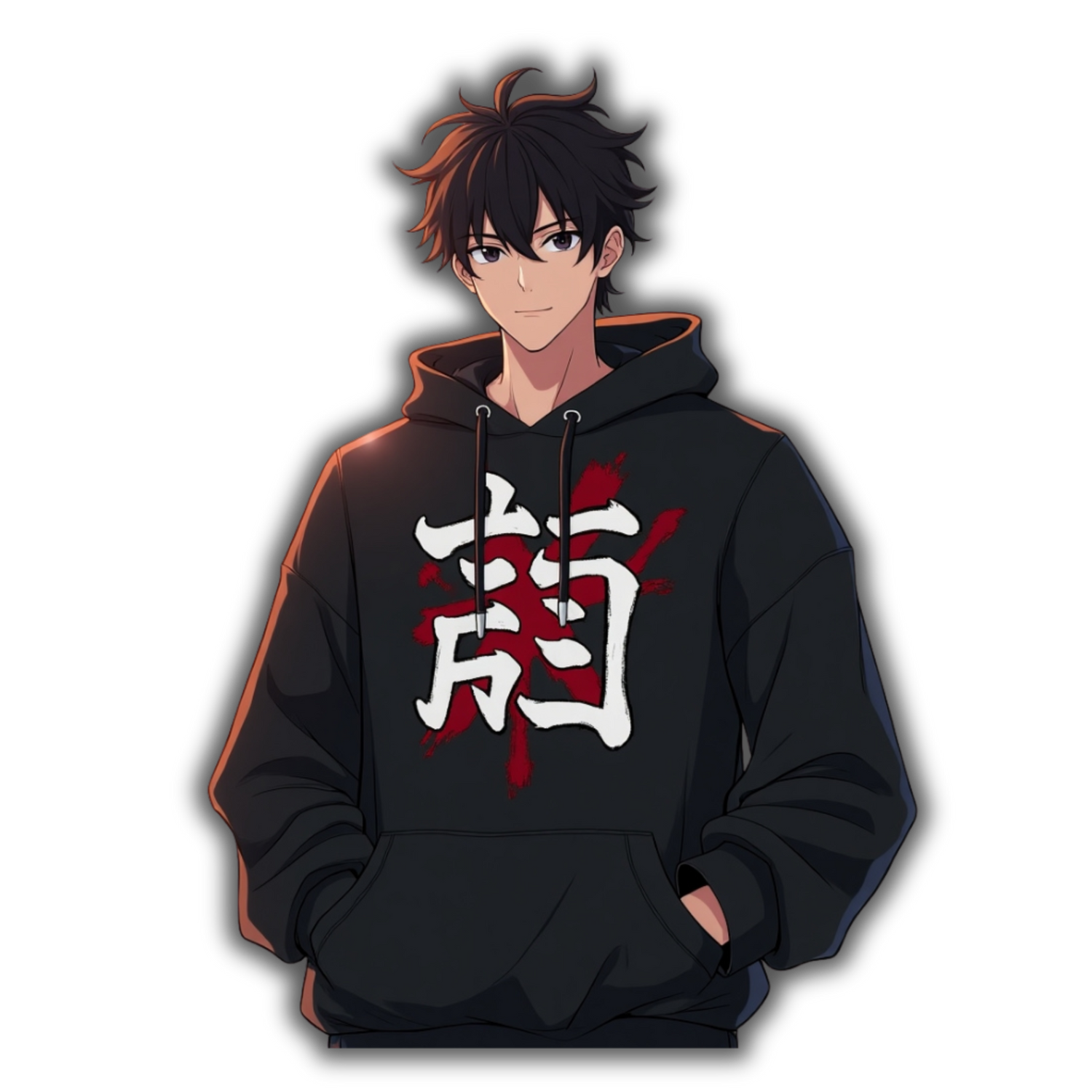 Sweat streetwear japonais avec personnage dos tourné, kanji visible