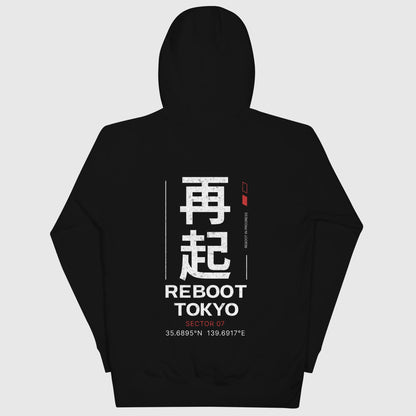 Sweat streetwear noir Reboot Tokyo, inspiration japon cyber et techwear, design sector 07, noir, vue de dos.