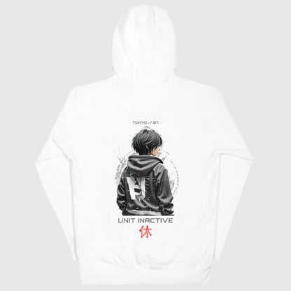 Sweat japonais UNIT-INACTIVE style techwear, design minimaliste noir avec ambiance futuriste Tokyo, blanc, vue de dos.