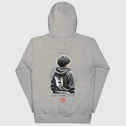 Sweat japonais UNIT-INACTIVE style techwear, design minimaliste noir avec ambiance futuriste Tokyo, gris, vue de dos.