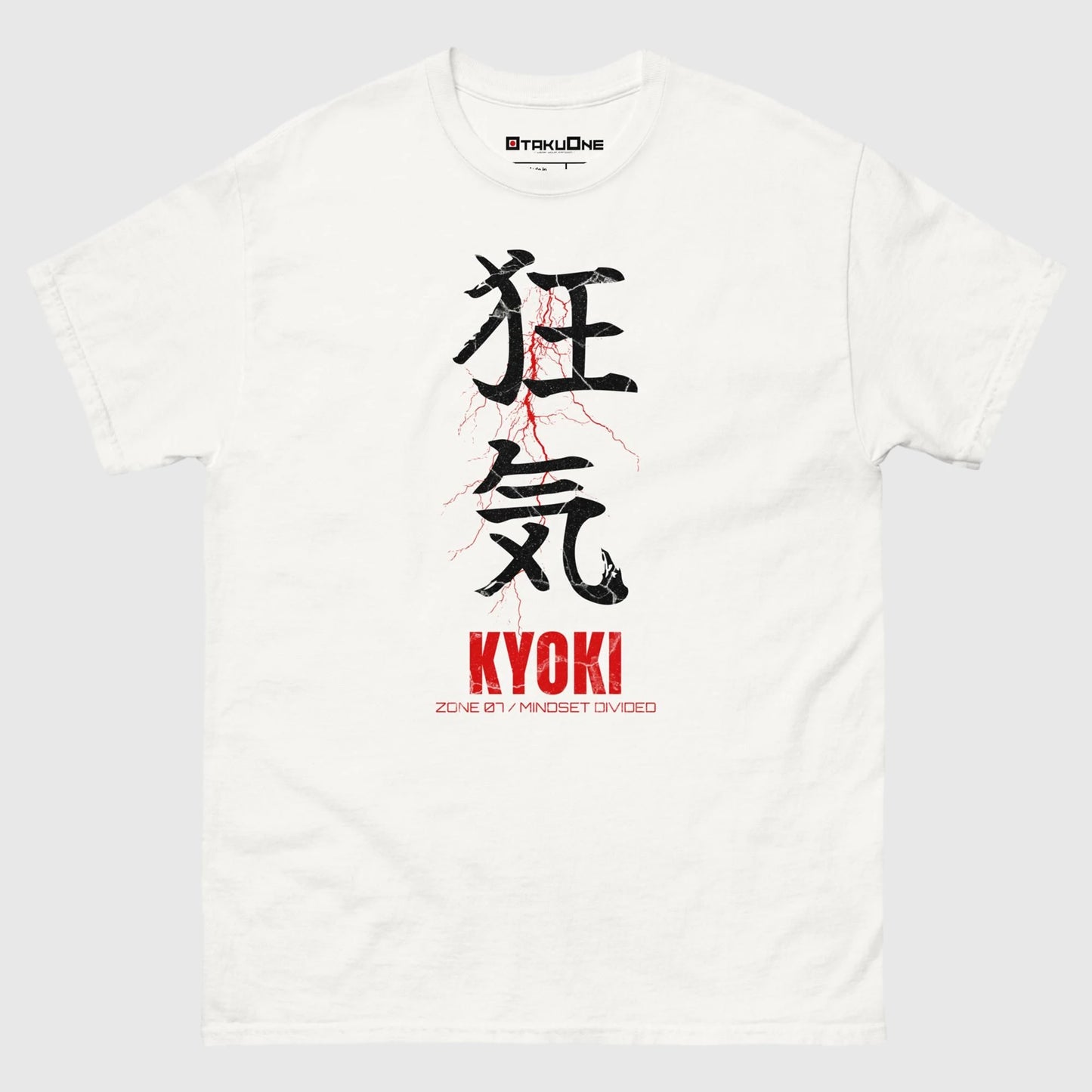 T-shirt streetwear KYOKI, design japonais zone 07, ambiance mentale divisée et artistique, blanc.