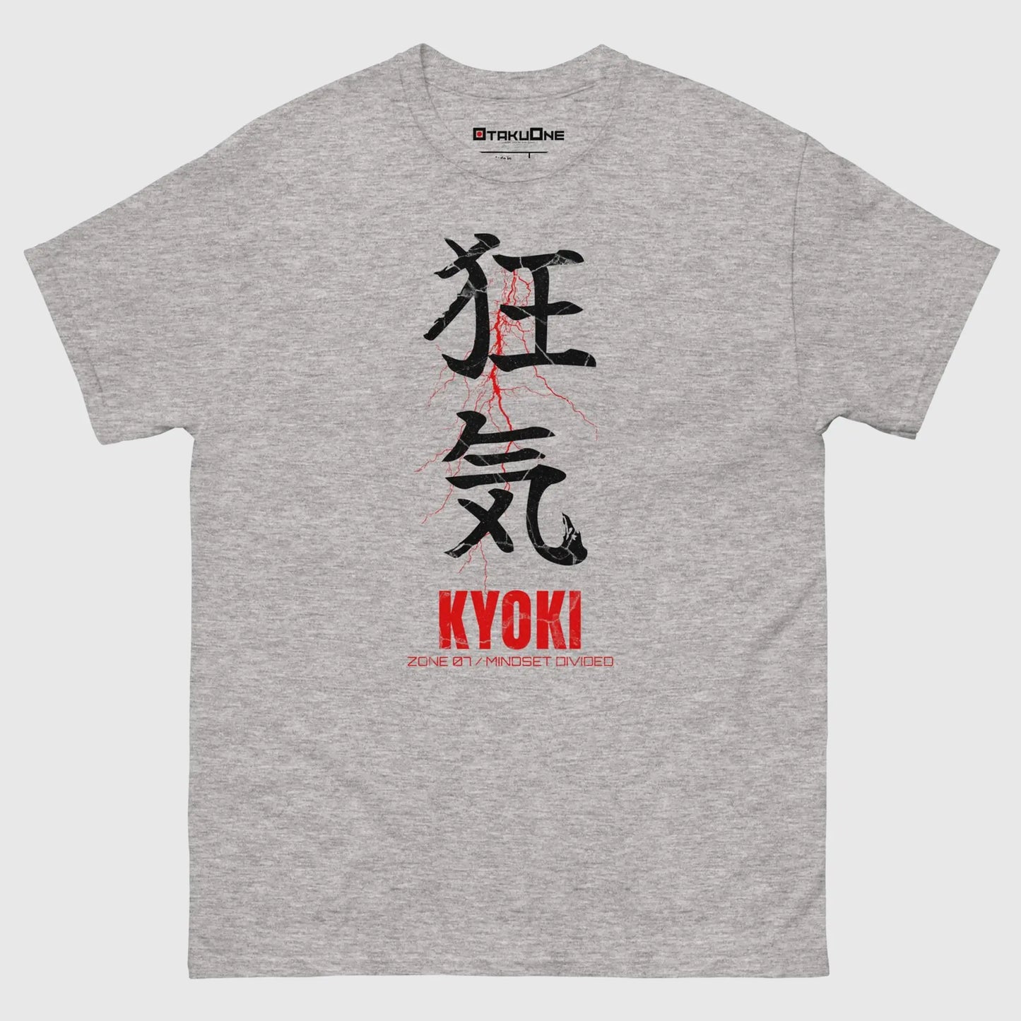 T-shirt streetwear KYOKI, design japonais zone 07, ambiance mentale divisée et artistique, gris.