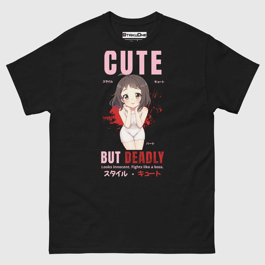 T-shirt manga kawaii “Cute but deadly”, style yandere sucré et dangereux à la japonaise, noir.